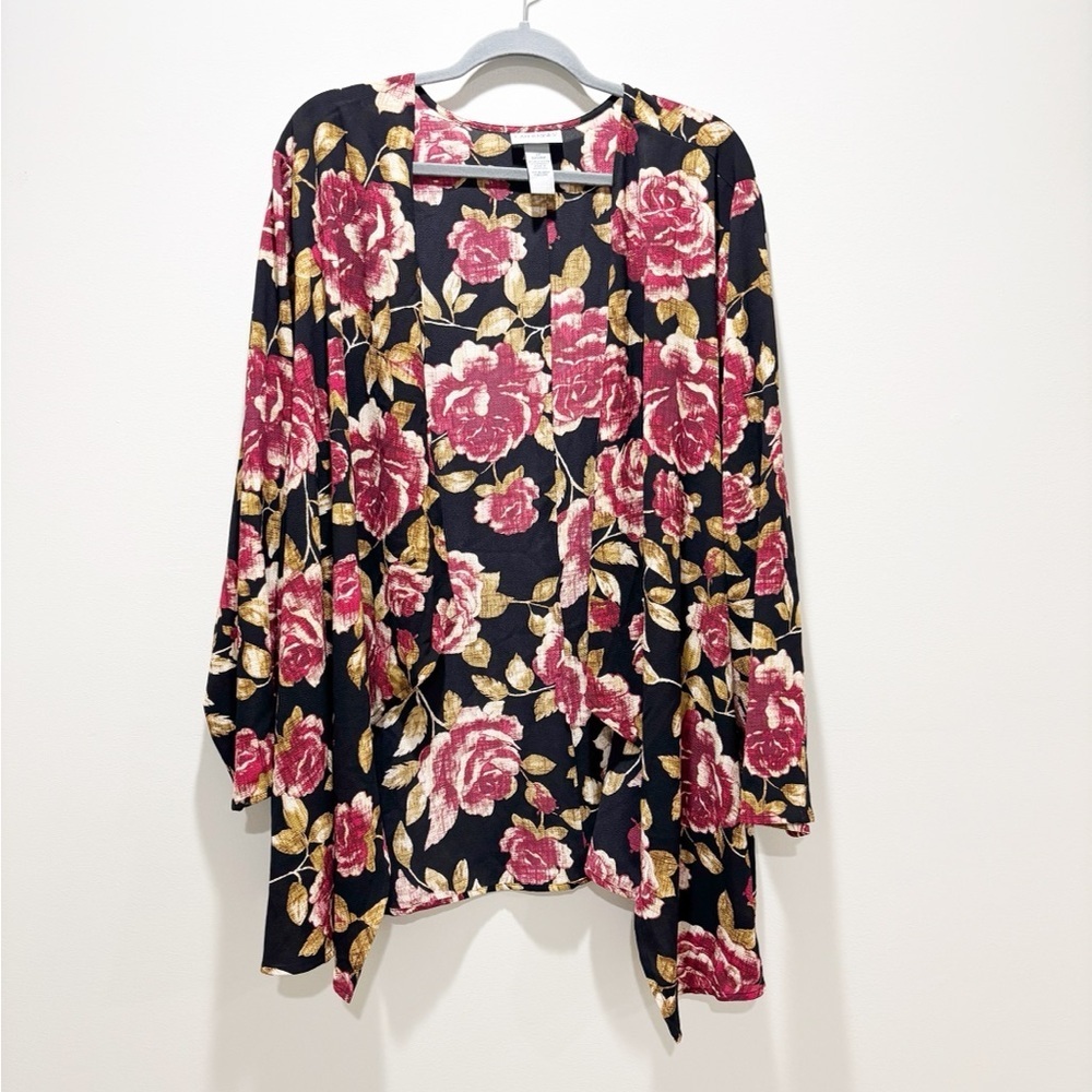 Catherines Black Floral Kimono Open Front Top Lightweight Size 2X